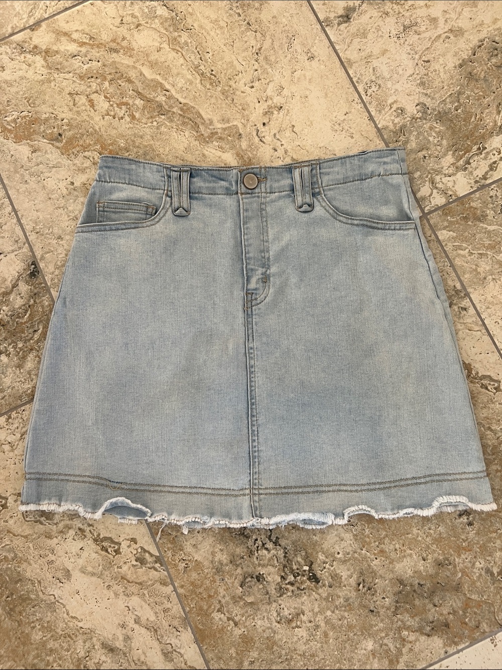 Copper Key Light Blue Denim Mini Skirt with Frayed Hem